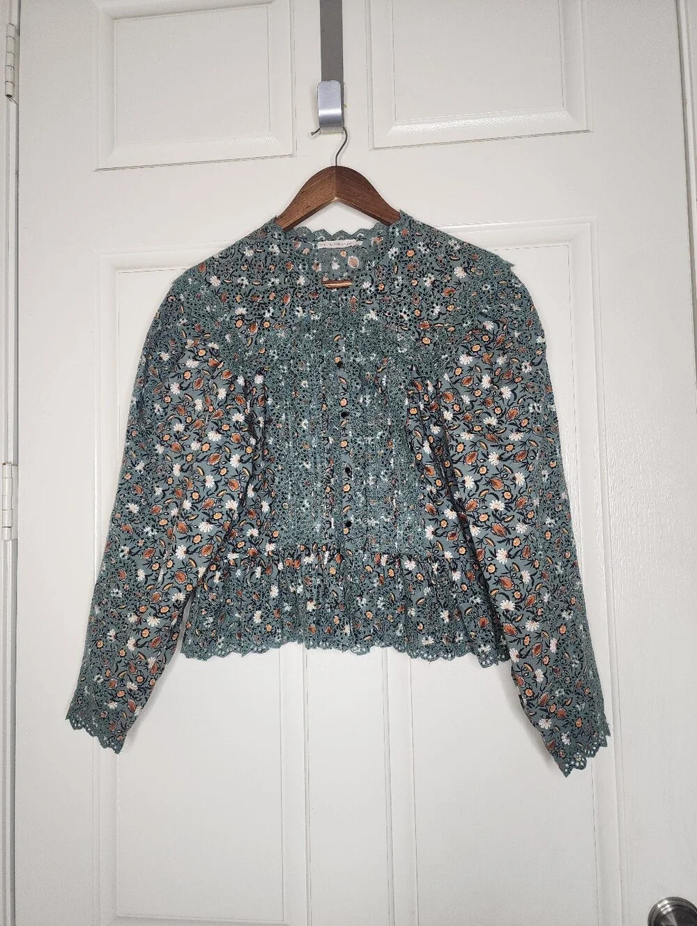 Ulla Johnson Mina Blouse Dragonfly Green Floral Eyelet Peplum Size 10